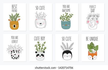 Collection of cute cards with house plants in funny animal pots. Poster with adorable objects on background. Valentine's day, anniversary, save the date, baby shower, bridal, birthday, decoration