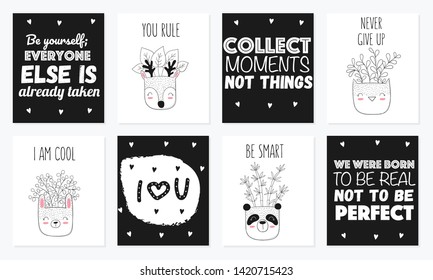 Collection of cute cards with house plants in funny animal pots. Poster with adorable objects on background. Valentine's day, anniversary, save the date, baby shower, bridal, birthday, decoration