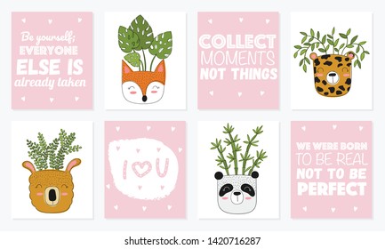Collection of cute cards with house plants in funny animal pots. Poster with adorable objects on background. Valentine's day, anniversary, save the date, baby shower, bridal, birthday, decoration