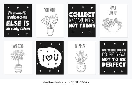 Collection of cute cards with house plants in pots. Poster with adorable objects on background. Valentine's day, anniversary, save the date, baby shower, bridal, birthday, decoration