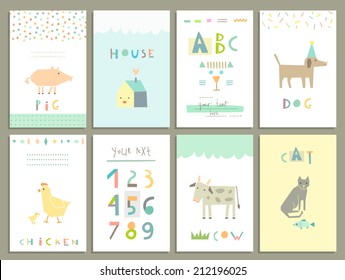 Collection of cute cards for kids. Funny Farm Animals in vector. Learn to read and count. Vector. Isolated.