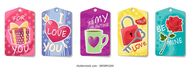 Collection of cute cards for Valentine's Day isolated on white background. Holiday cards in bright colors. Vector illustration