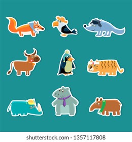 Collection of Cute Cartoon Animal Stickers, Fox, Toucan, Wolf, Cow, Penguin, Tiger, Rhino, Hippopotamus, Aardvark Vector Illustration