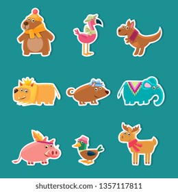 Collection of Cute Cartoon Animal Stickers, Bear, Flamingo, Kangaroo, Lion, Pig, Duck, Deer Vector Illustration