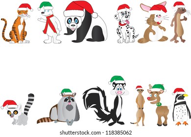 A Collection of cute cartoon animals in Christmas Hats