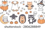 A collection of cute cartoon animals dressed in Halloween costumes including a fox, dog, cat, rabbit, owl, bat, hedgehog, raccoon, and mouse.