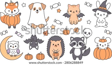 A collection of cute cartoon animals dressed in Halloween costumes including a fox, dog, cat, rabbit, owl, bat, hedgehog, raccoon, and mouse.