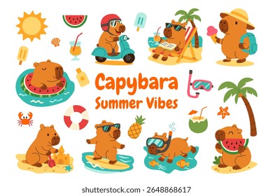 A collection of cute cartoon animals enjoying a summer day. The animals include a monkey, a bear, a cat, a dog, a bird, a fish, a crab, and a turtle