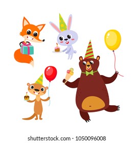 Collection of cute cartoon animals with gifts, balloons and cake isolated on white. Vector illustration of animal character in birthday party used for magazine, children book, poster and card.