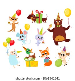 Collection of cute cartoon animals with gifts, balloons and cake isolated on white. Vector illustration of animal character in birthday party used for magazine, children book, poster and card.
