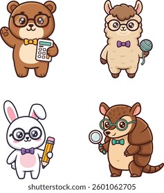 A Collection of Cute Cartoon Animals with Glasses and Bowties in Various Fun Poses