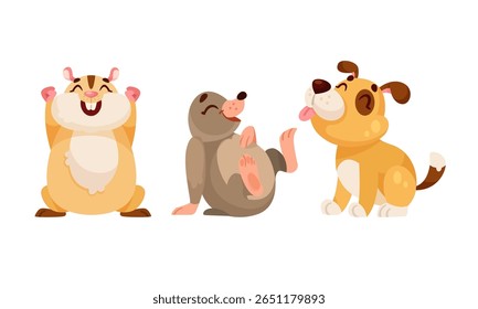 A collection of cute cartoon animals a joyful hamster, cheerful mole, and happy dog