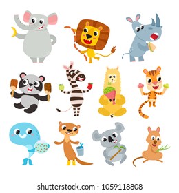 Collection of cute cartoon animals with meal isolated on white. Vector illustration of eating animal character used for magazine, children book, poster and card.