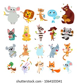 Collection of cute cartoon animals with meal isolated on white. Vector illustration of eating animal character used for magazine, children book, poster and card.