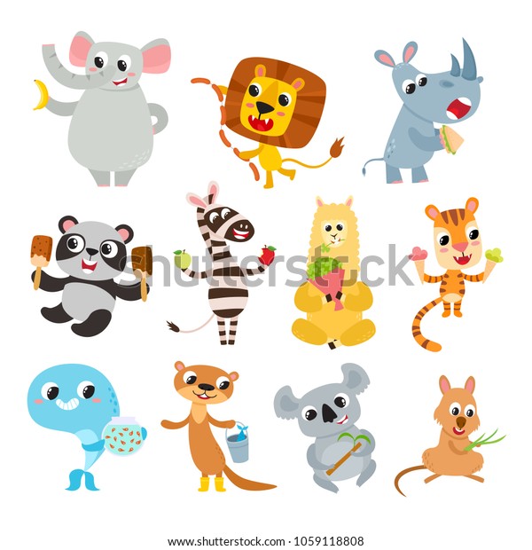 Collection Cute Cartoon Animals Meal Isolated Stock Vector (Royalty ...