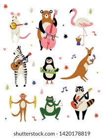 Collection of Cute Cartoon Animals Musicians Characters Playing Various Musical Instruments Vector Illustration