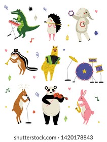 Collection of Cute Cartoon Animals Musicians Characters Playing Various Musical Instruments, Crocodile, Hedgehog, Elephant, Gopher, Alpaca, Deer, Panda Bear, Bunny, Fox Vector Illustration