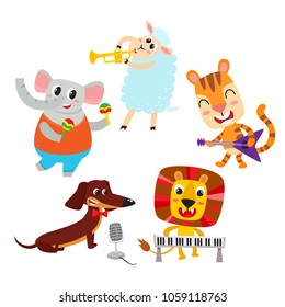 Collection of cute cartoon animals with muzical instruments isolated on white. Vector illustration of animal character in music band used for magazine, children book, poster and card.