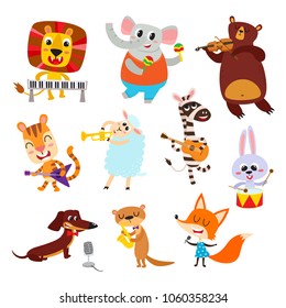 Collection of cute cartoon animals with muzical instruments isolated on white. Vector illustration of animal character in music band used for magazine, children book, poster and card.