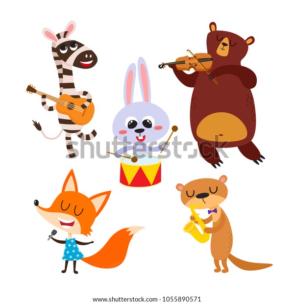 Collection Cute Cartoon Animals Muzical Instruments Stock Vector ...