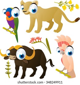 collection of cute cartoon animals: parrot, lioness, buffalo, cockatoo