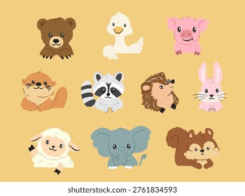 A collection of cute cartoon animals peeking from the bottom in various poses. Perfect for page decoration, children design, banners, and playful layouts