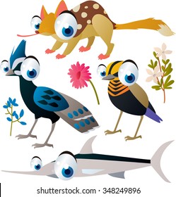 collection of cute cartoon animals: pheasant, bird, quoll, xiphias