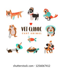 Collection of cute cartoon animals, sick Pets. Dogs of different breeds, a cat, a hamster with a broken leg, a parrot, a fish and a turtle. On white background. For veterinary clinics of animal shelte svg