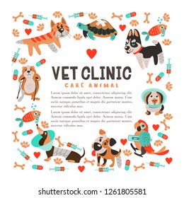 Collection of cute cartoon animals, sick Pets. Dogs of different breeds, a cat, a hamster with a broken leg, a parrot, a fish and a turtle. On white background. With space for text. For veterinary cli