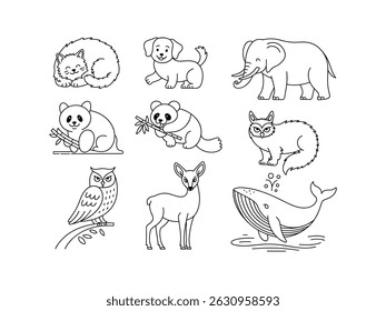 Collection of cute cartoon animals in simple outlines perfect for children_s designs