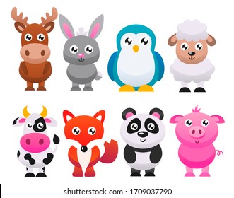 Collection of cute cartoon animals. Vector flat illustration.