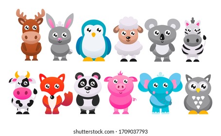 Collection of cute cartoon animals. Vector flat illustration.