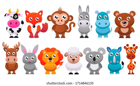 Collection of cute cartoon animals. Vector flat illustration.