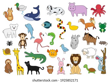 Collection Of Cute Cartoon Animals, Wild Animals, Aquatic Animals, Birds On White Background. Vector Illustration.