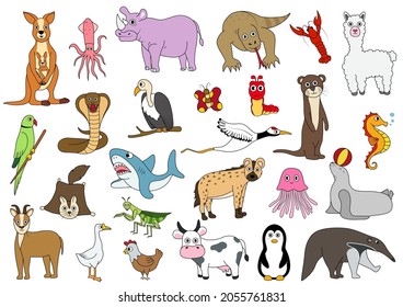 Collection of cute cartoon animals, wild animals, aquatic animals, poultry, cute animals on white background. Vector illustration.