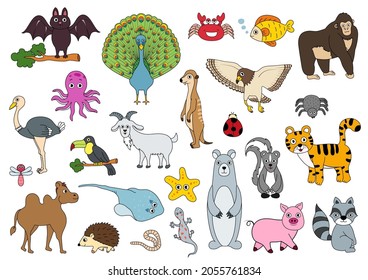 Collection of cute cartoon animals, wild animals, aquatic animals, poultry, cute animals on white background. Vector illustration.