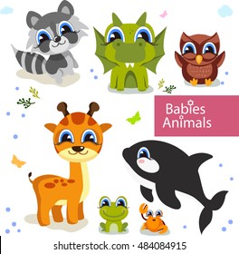Collection of cute cartoon animals of the world. Vector illustration isolated on white. Fairytale collection of animals