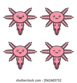 Collection of cute cartoon axolotl animals with various facial expressions on white background