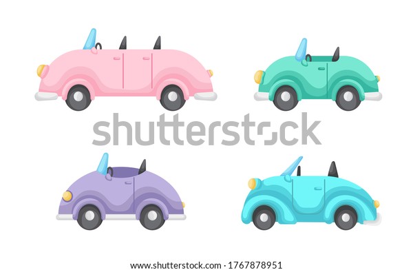 Collection of cute cartoon baby\'s cars\
isolated on white background. Set of different models of cars for\
design of kid\'s rooms clothing textiles album card invitation. Flat\
vector\
illustration.