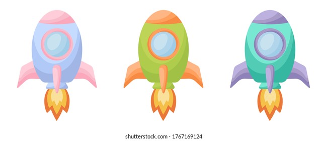 Collection of cute cartoon baby's rockets isolated on white background. Set of rockets of different colors for design of kid's rooms clothing textiles album card invitation. Flat vector illustration.