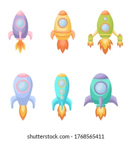 Collection of cute cartoon baby's rockets. Set of different models of rockets for design of kid's rooms clothing textiles album card invitation. Flat vector illustration  isolated on white background.