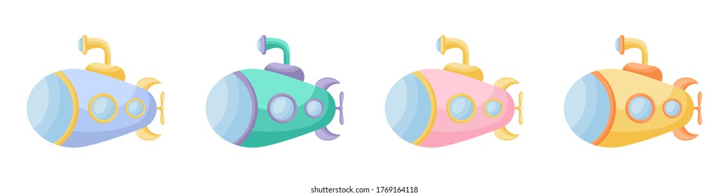 Collection of cute cartoon baby's submarines isolated on white background. Set of submarines of different colors for design of kid's rooms clothing album card invitation. Flat vector illustration.