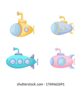 Collection of cute cartoon baby's submarines isolated on white background. Set of different models of submarines for design of kid's rooms clothing album card invitation. Flat vector illustration.