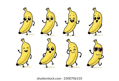 Colección lindo bananas de dibujos animados con caras y poses juguetonas. Los plátanos se dibujan en un estilo de doodle animado lindo con ojos Grandes.