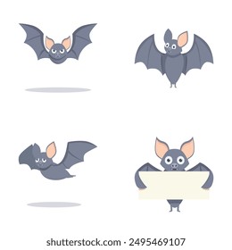 Collection of cute cartoon bat characters in various playful and friendly poses, isolated on a white background