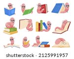 Collection cute cartoon bookworms vector flat illustration. Set of funny worms in glasses reading and sleeping on various books isolated. Educational characters knowledge and bookstore, library