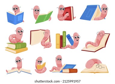 Collection cute cartoon bookworms vector flat illustration. Set of funny worms in glasses reading and sleeping on various books isolated. Educational characters knowledge and bookstore, library