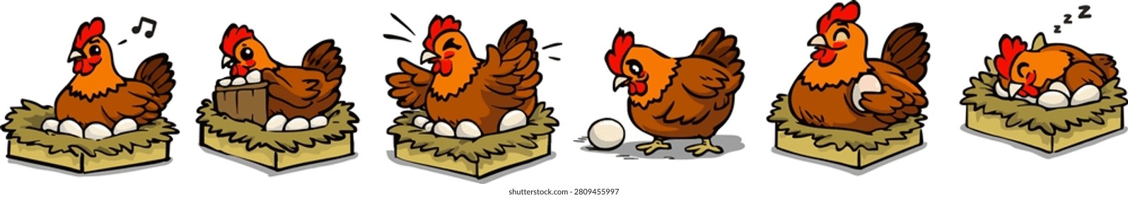Collection of cute cartoon brooding hens sitting on nests with eggs in different nesting and incubation poses. Includes laying eggs, protecting eggs, hatching, sleeping, and brooding behaviors. Ideal for poultry farming illustrations, educational materials, children's books, farm branding, stickers, and clipart.