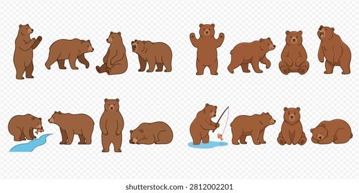 A collection of cute cartoon brown bears in various poses and activities, including standing, sitting, walking, fishing, and sleeping.