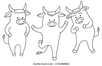 Collection of cute cartoon bulls in different poses. Set of outline hand drawn vector illustration. Black contour drawing of funny happy animals isolated on white. Symbol 2021 on the eastern calendar.